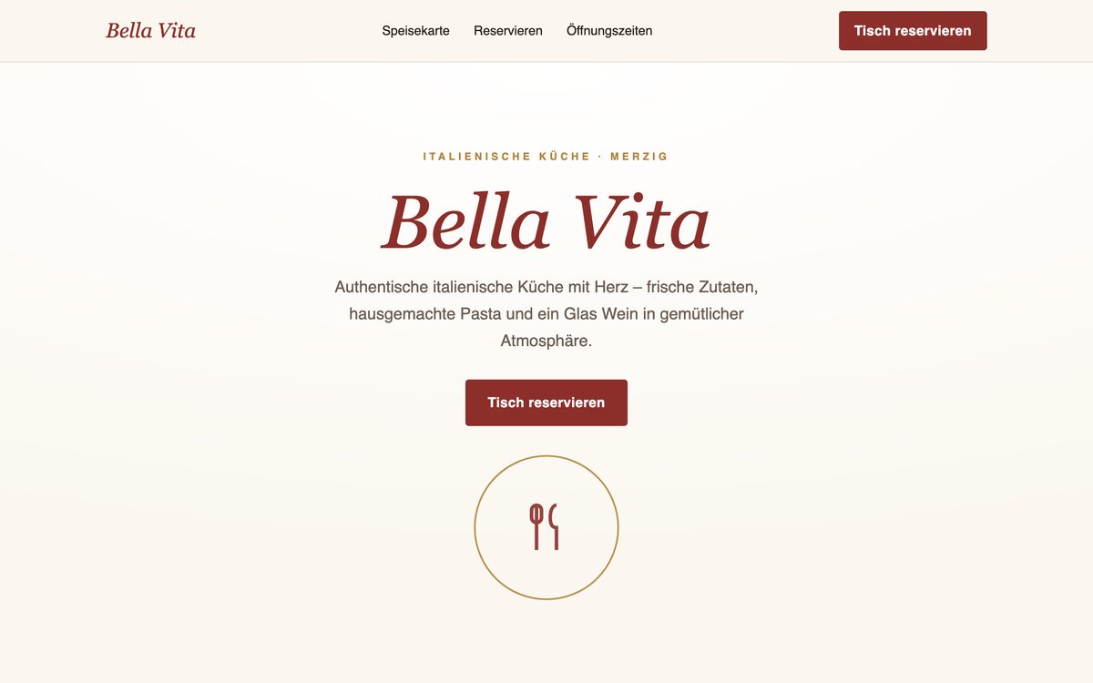 Startseite der Demo-Website für das Ristorante Bella Vita