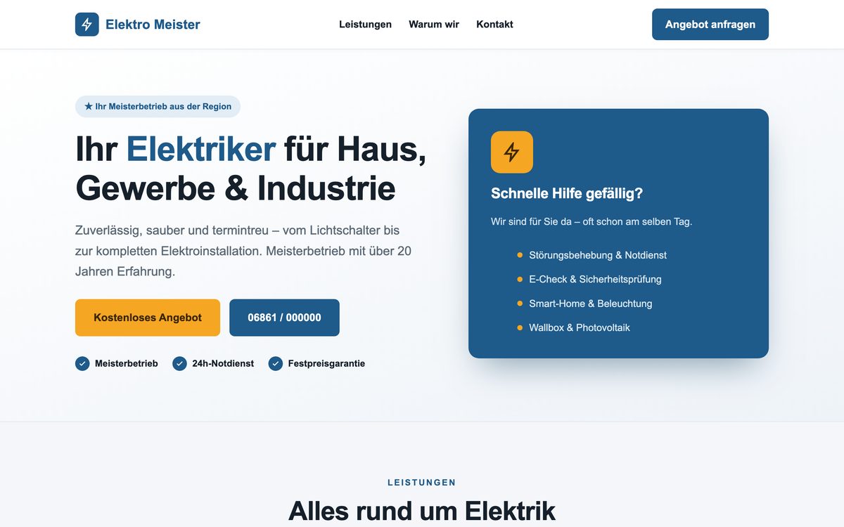 Startseite der Demo-Website für einen Elektro-Meisterbetrieb